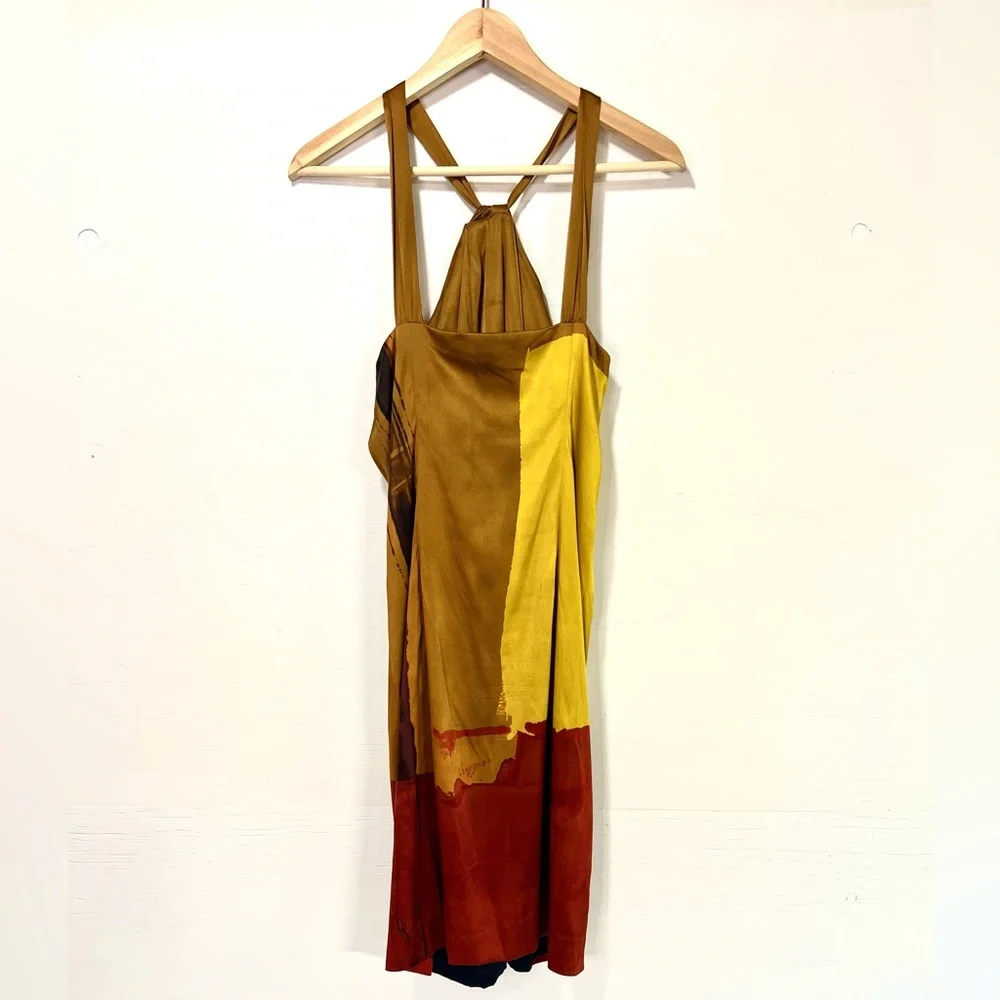 Vince Colorblock Gold, Scarlet Red and Copper Classy Cross Neck Silk Dress Small - Picture 3 of 7